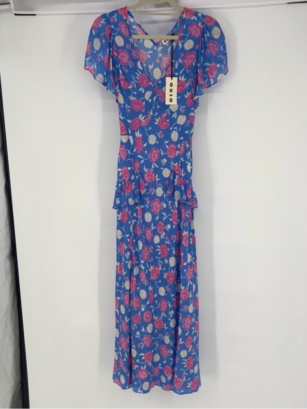 RIXO Blue Floral Wrap dress with Pink & Cream Roses
